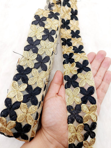 Beige Net Fabric Trim With Gold Embroidery, Floral Embroidery, Available in 6 Colours